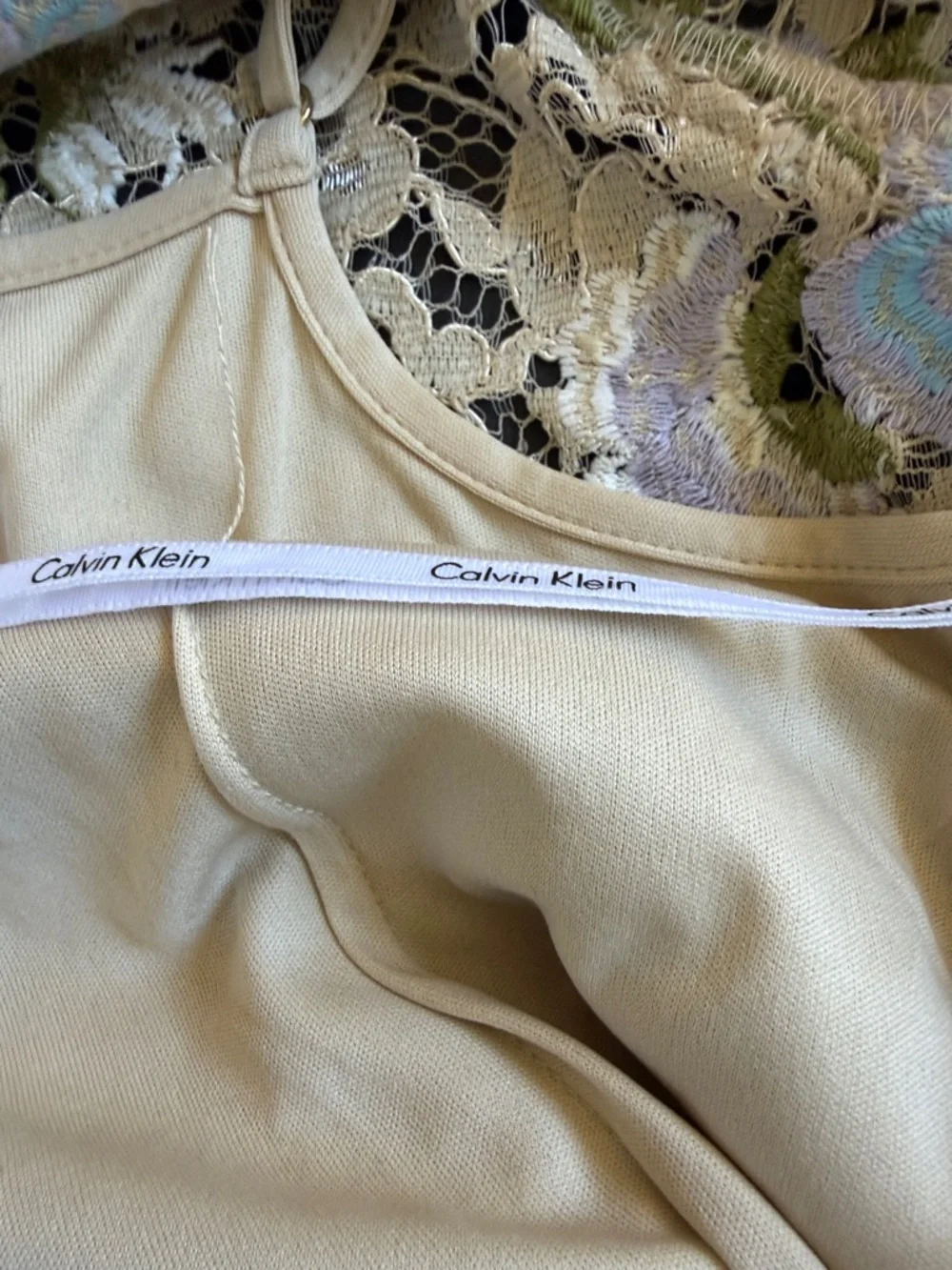 Calvin Klein Lace Sheath Midi Dress 8 Beige Blue Floral Embroidered Cocktail
